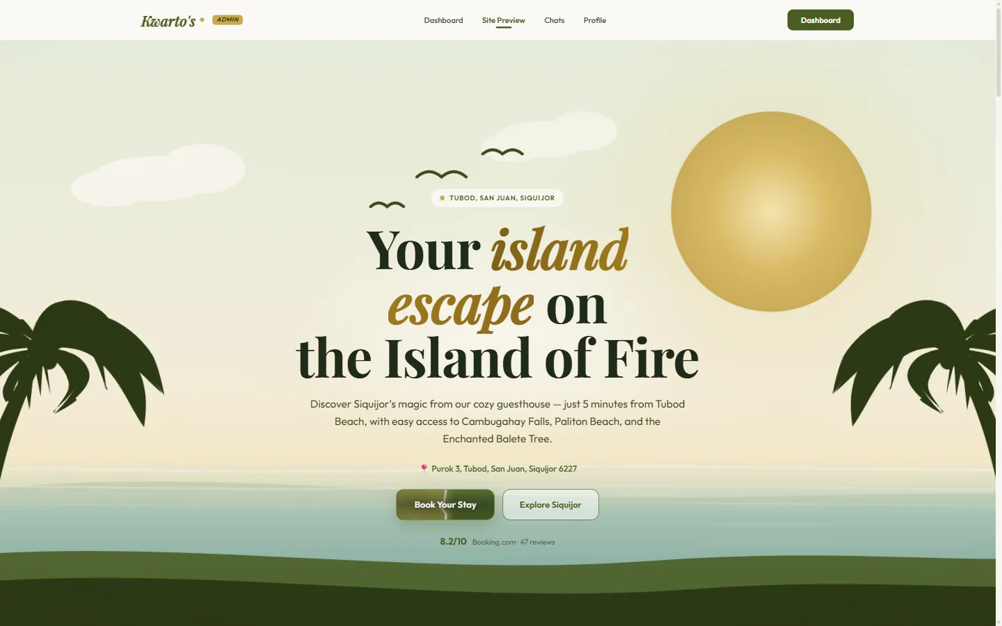 The Kwarto's Guest House homepage — island illustration, Booking.com badge, and a Book Your Stay button