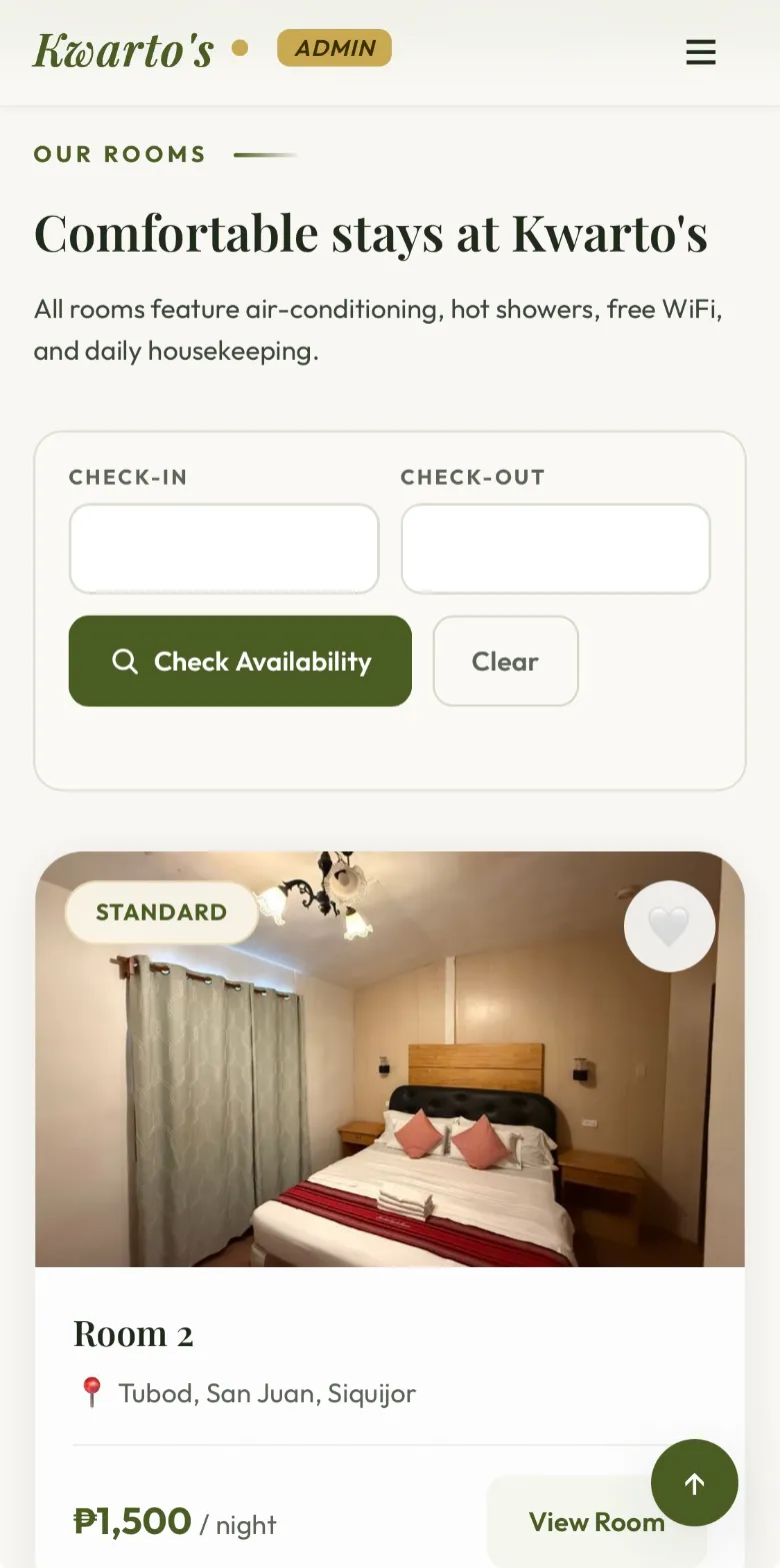 The rooms page on a phone — check-in and check-out date pickers, a Check Availability button, and a room card with its nightly rate