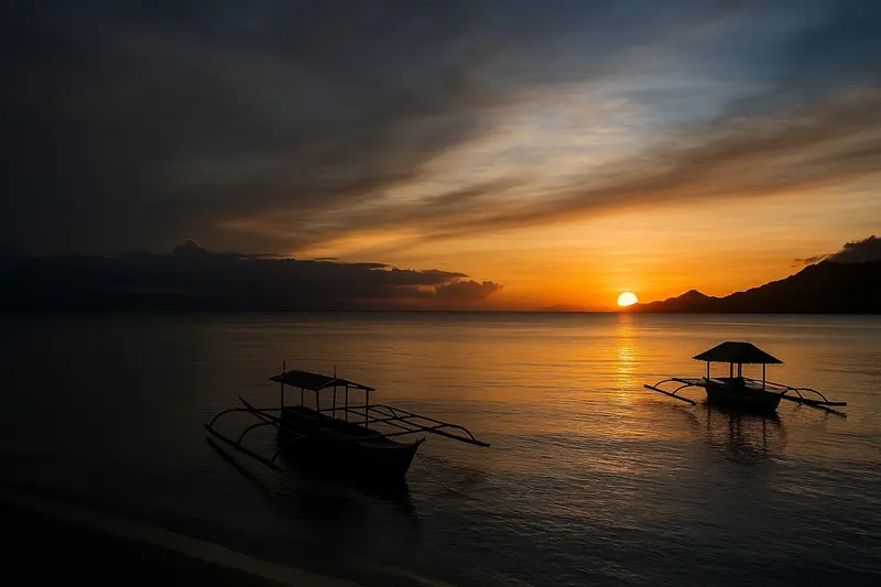 Two outrigger bancas silhouetted on a calm sea in front of an orange sunset