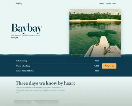 Screenshot of the Baybay sample site — the name over pale shallows with the bow of an outrigger boat, the page dropping into deep blue where the prices are.