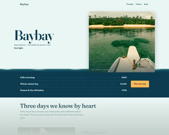 Screenshot of the Baybay sample site — the name over pale shallows with the bow of an outrigger boat, and the page dropping into deep blue where the day-trip prices are listed.