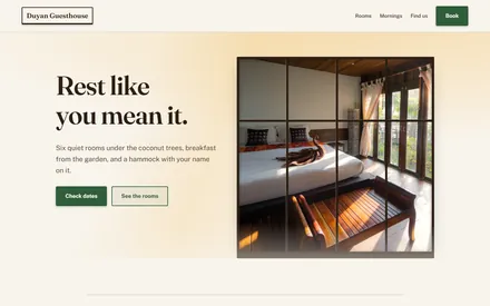 Screenshot of the Duyan Guesthouse sample site — a room photo held inside a drawn wooden window frame on a warm pearl-white page.