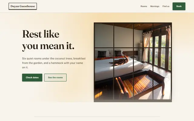 Screenshot of the Duyan Guesthouse sample site — a room photo held inside a drawn wooden window frame on a warm pearl-white page, beside the headline Rest like you mean it.