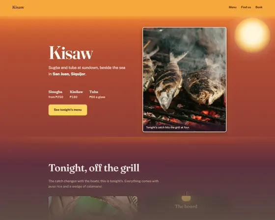 Screenshot of the Kisaw sample site — the name set large against an amber-to-rust sundown sky with a drawn sun, a grill photograph beside it, and tonight's prices underneath.