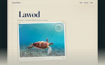 Screenshot of the Lawod sample site — a salt-faded dive logbook page with a taped instant print of a sea turtle and a round teal shop stamp.
